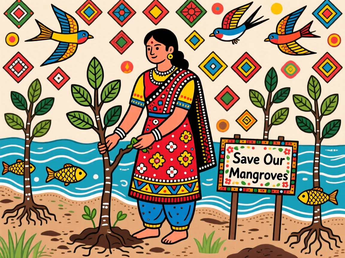 A conservationist planting mangroves along a restored coastline.