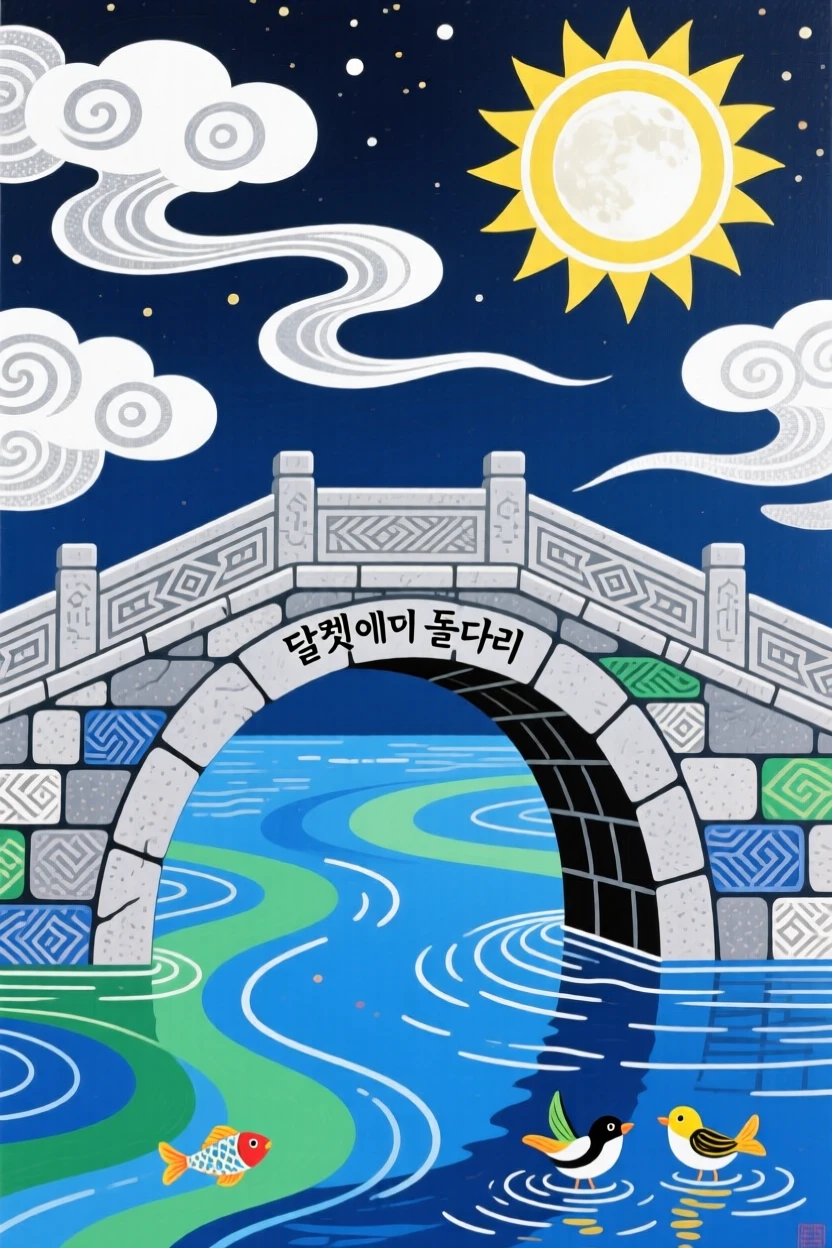 A view of a stone bridge beneath drifting clouds lit by moonlight.