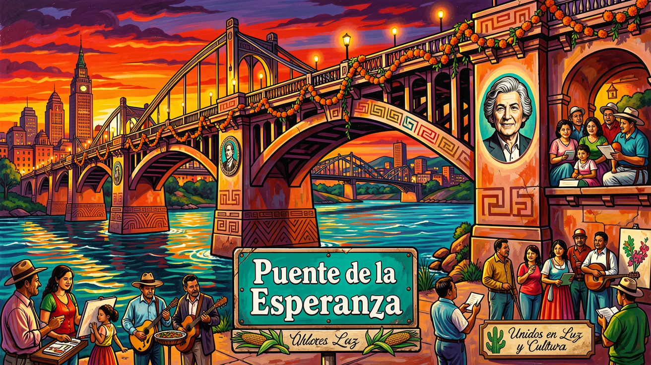 A grand city bridge glowing at twilight above a wide river