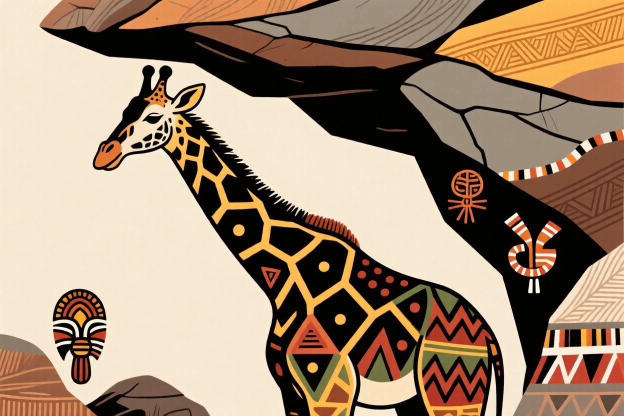 A giraffe sheltering under a rocky overhang.