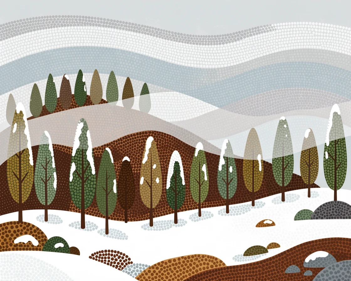A foggy pine ridge after a fresh snowfall