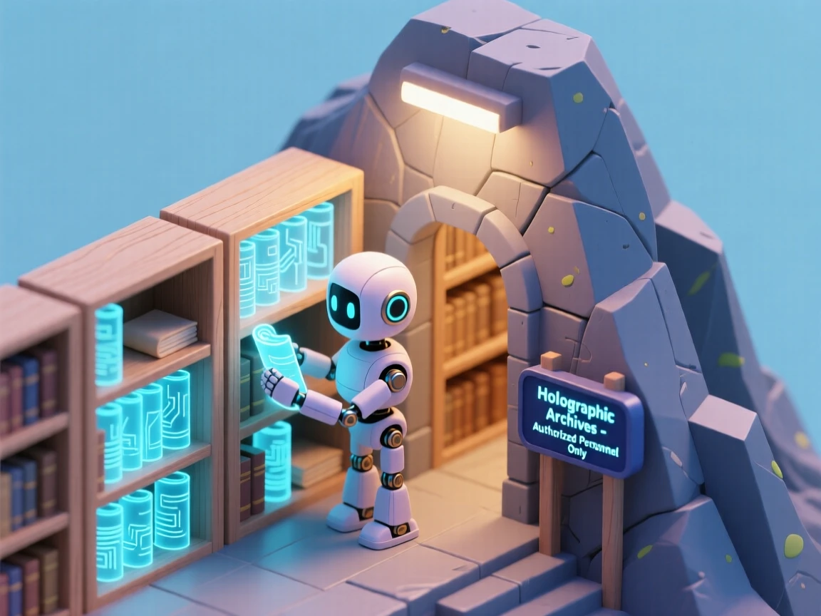 A robot librarian carefully re-shelving glowing holographic scrolls in a vast archive built into a mountain.