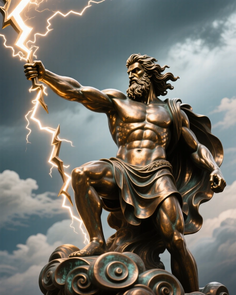Zeus hurling a thunderbolt from the heavens, bathed in ethereal, otherworldly glow, radiating awe and grandeur