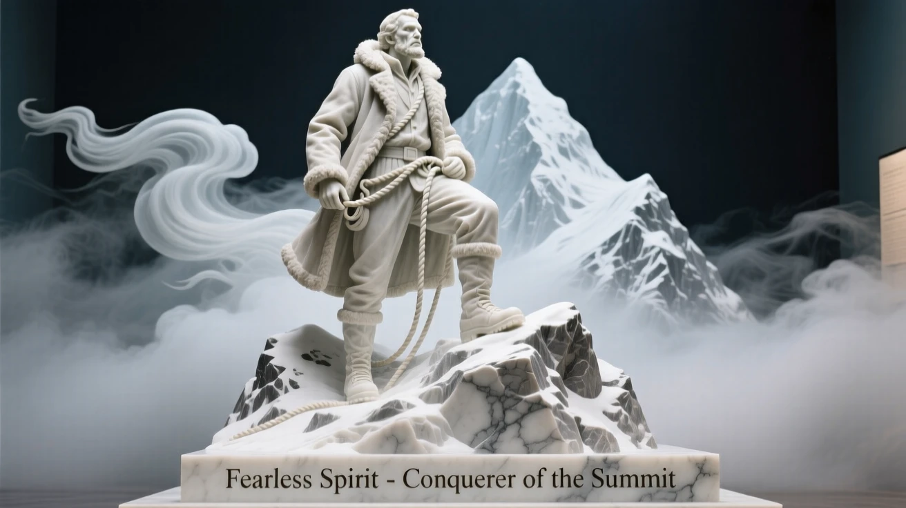 A vivid, emotionally rich scene of a fearless explorer atop a snowy peak, amid swirling clouds and mist, designed to captivate and inspire