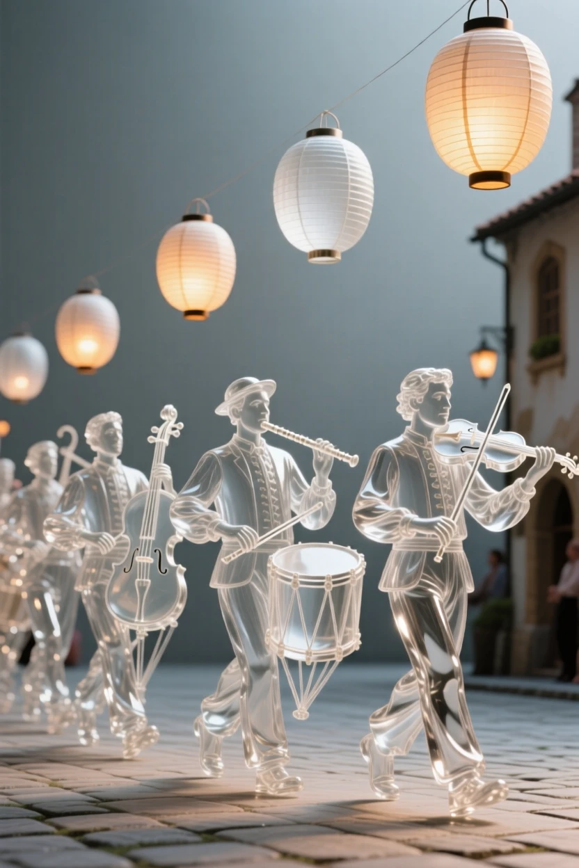 A procession of musicians leading a parade through a village square while lanterns rise slowly into the night sky