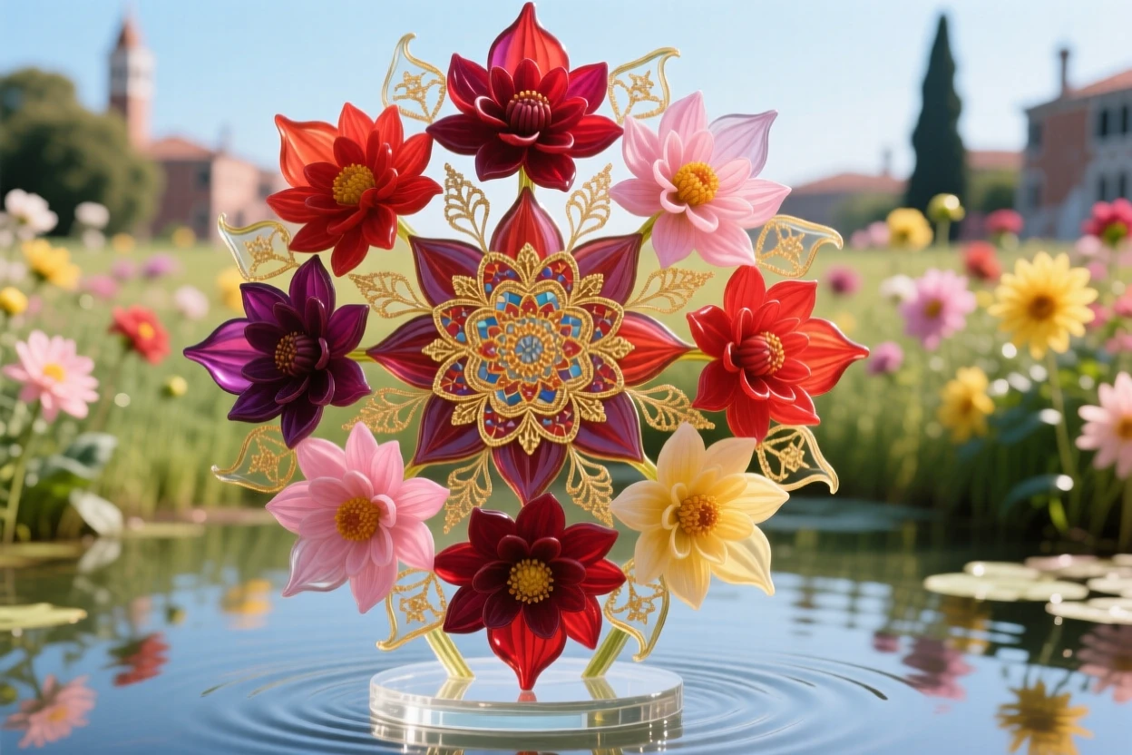 A field of blooming dahlias arranged in an intricate mandala pattern at midday, vivid and meditative.