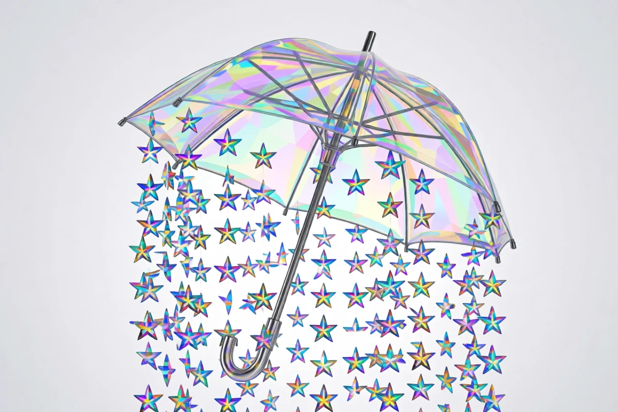 A surreal umbrella releasing a shower of glowing stars instead of rain.