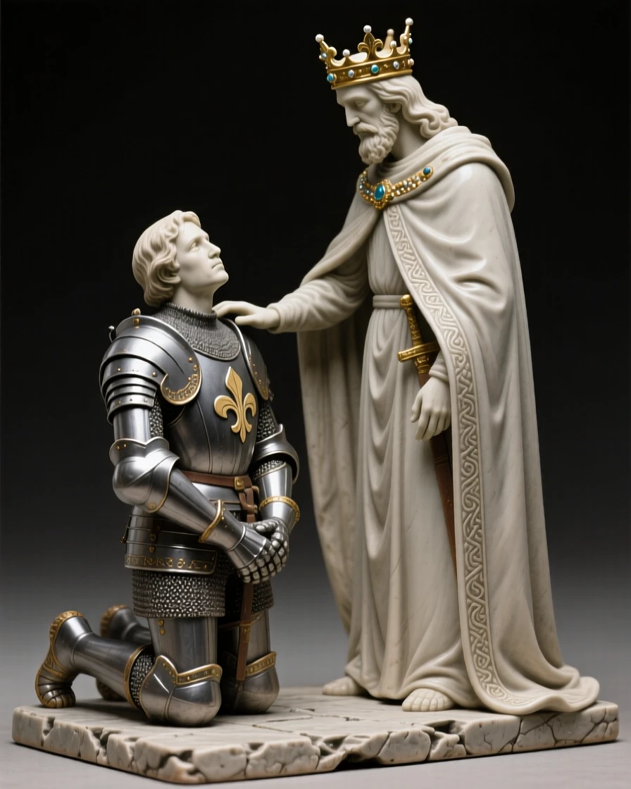 A medieval knight kneeling before his king frozen in a moment of ancient ritual, bearing markings of rank and honor, capturing the weight of history in a single gaze.