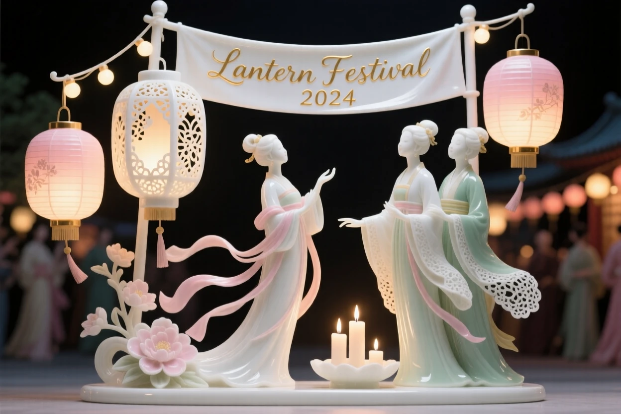 A joyful a lantern festival at night scene, softly glowing from strings of light.
