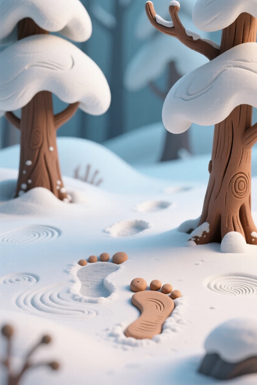 A snow-covered forest with a single set of footprints trailing through