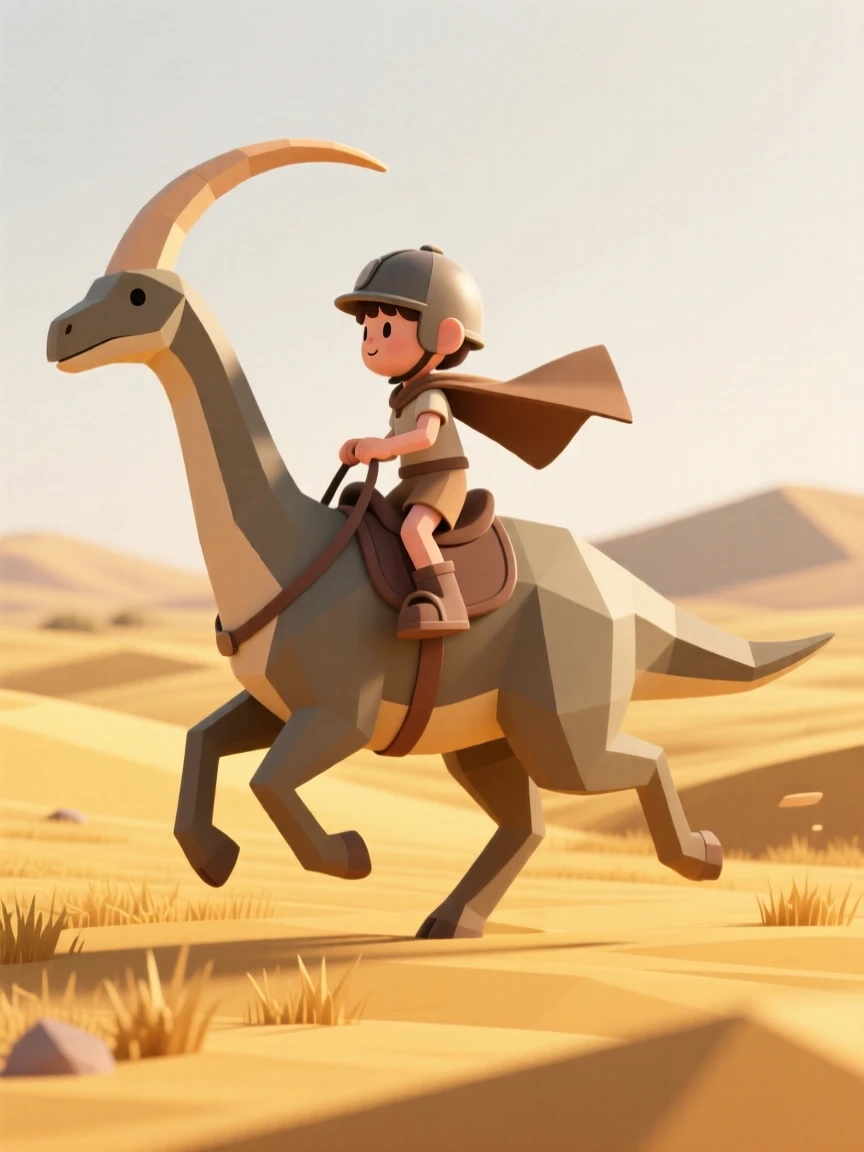 A brave young dino-rider gallops across golden plains atop a friendly, loyal Parasaurolophus, wind rushing past both riders.