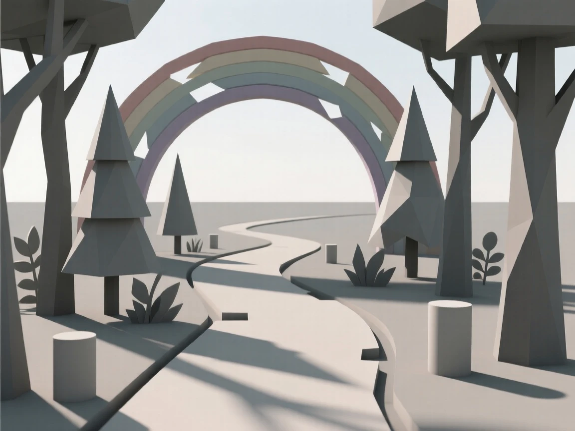 A quiet forest path dappled with sunlight, beneath a rainbow after a passing storm. the horizon line anchors a balanced composition. It evokes a feeling of pure tranquility.