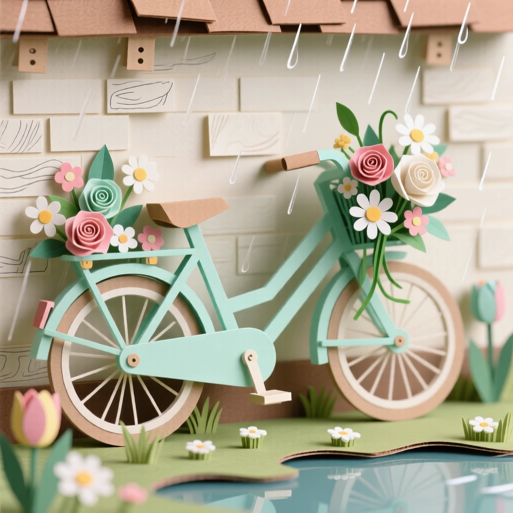 A flower-covered bicycle leaning against a cottage wall framed by gentle falling rain, with fresh flowers adding a touch of color, evoking peaceful simplicity and comfort.