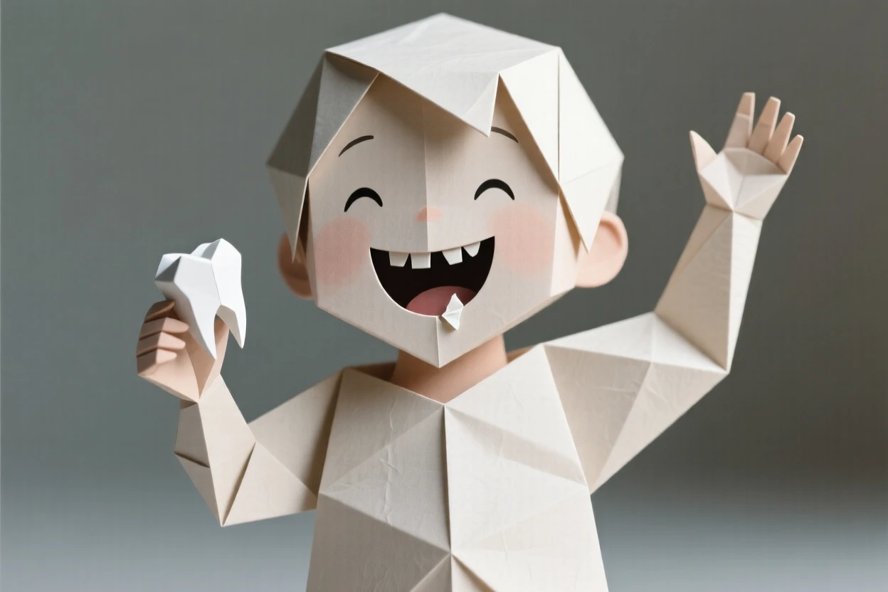 A child excitedly showing off a lost tooth with a gap-toothed grin.
