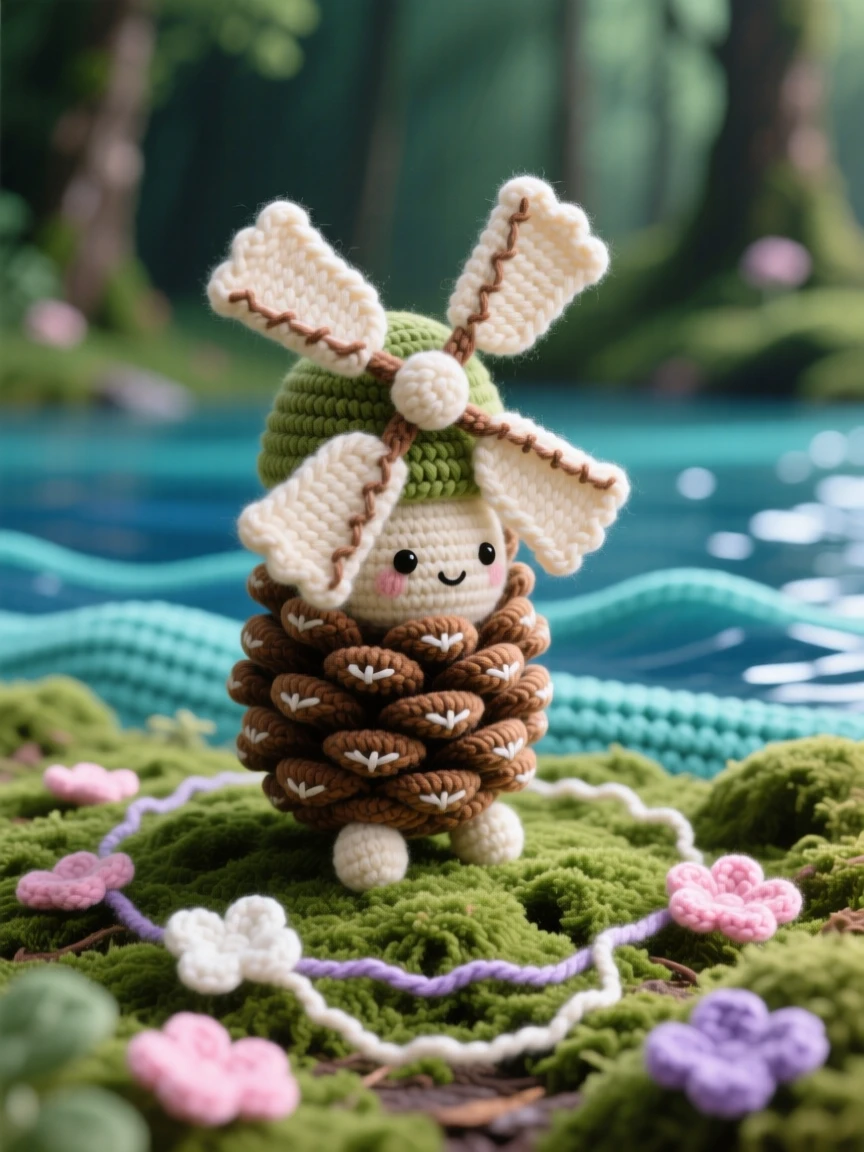 a tiny windmill built inside a giant pinecone, with slowly turning blades, is shown resting on a mossy forest floor, perched above a calm and glassy sea, surrounded by a trail of soft floating petals, radiating quiet delight in an impossible little world.