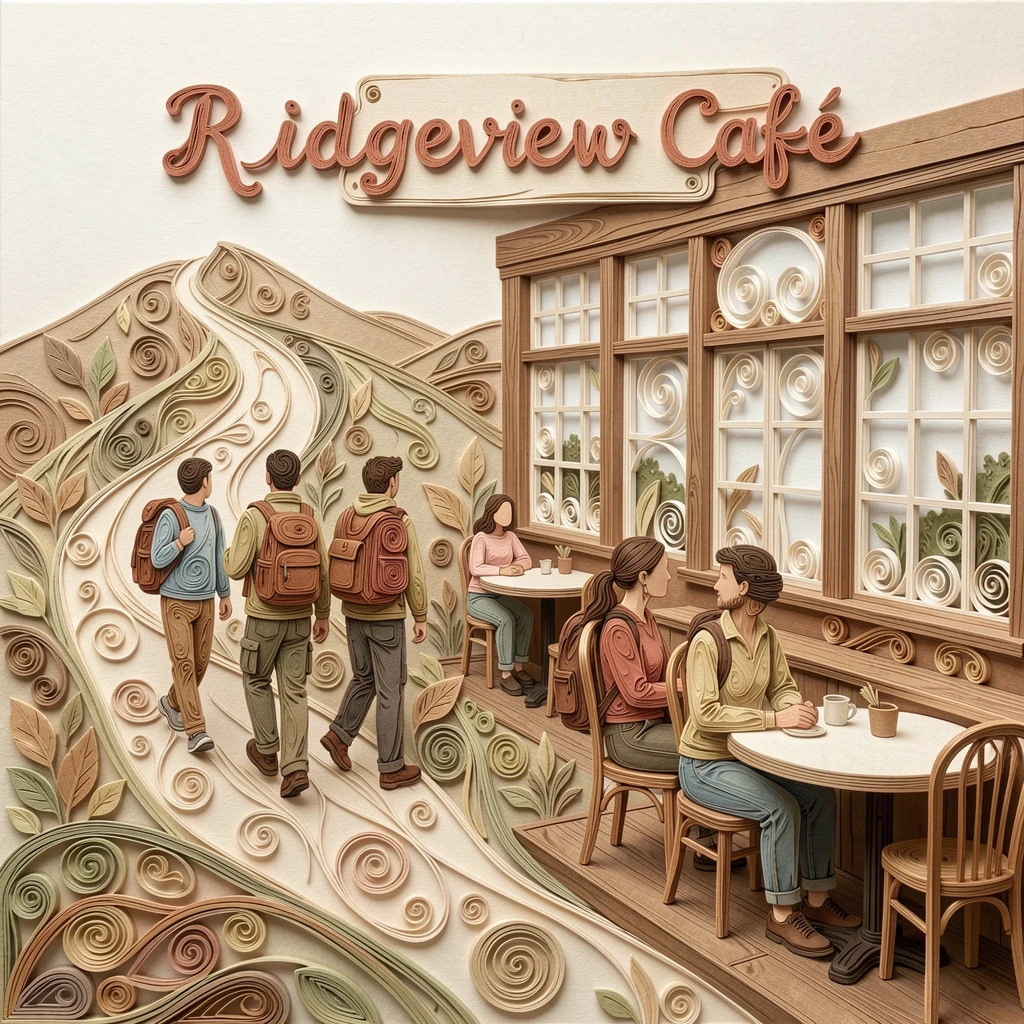 A relaxed modern lifestyle scene of a group hiking along a scenic ridge trail in a cozy neighborhood café, in warm neutral tones of beige and terracotta, framed from a casual eye-level perspective.