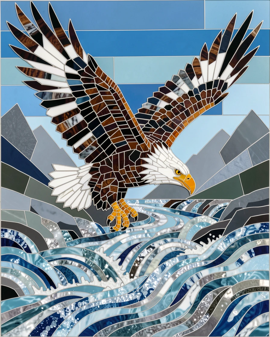 A majestic bald eagle diving toward a rushing mountain river.