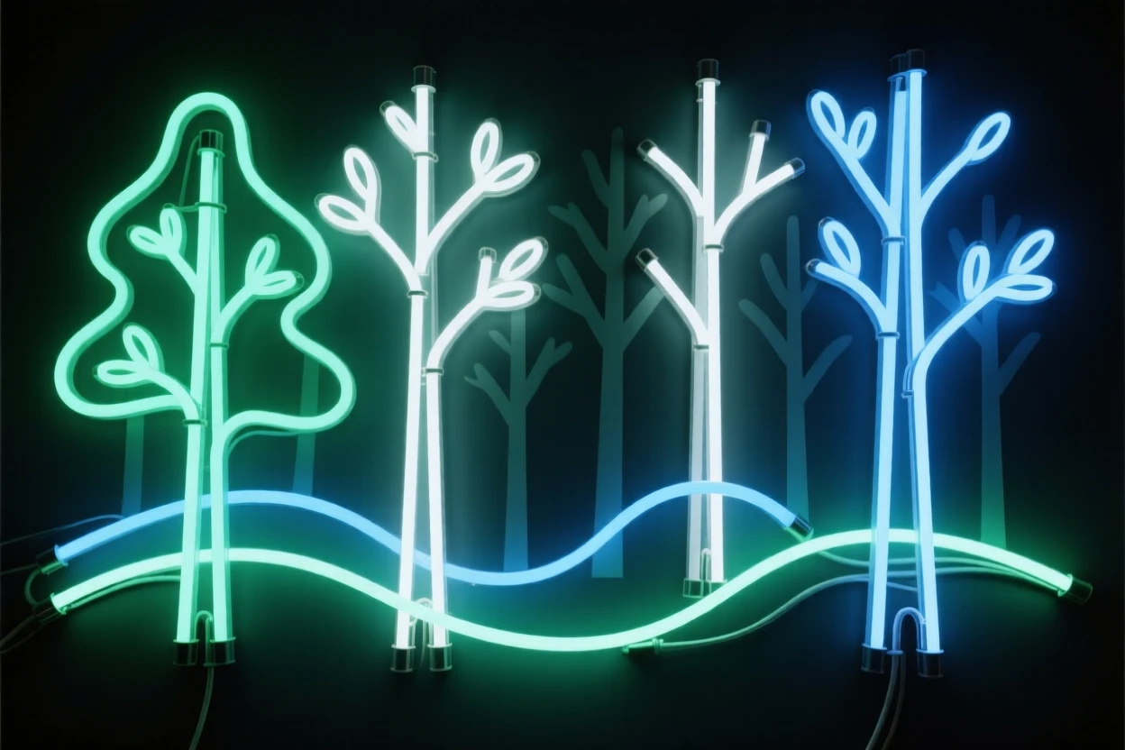 A forest where the trees glow softly from within at night.