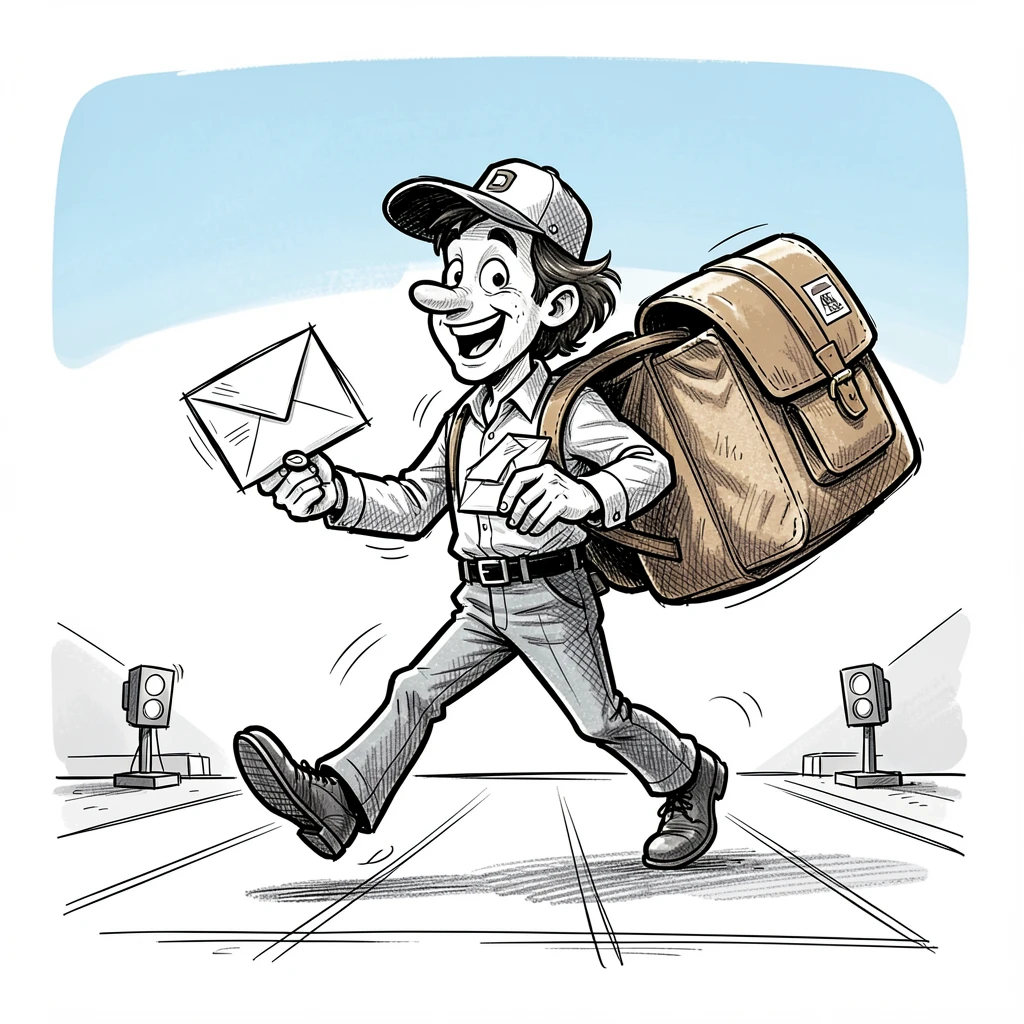 A postal carrier delivering letters on a sunny street on a runway beneath a clear sky.