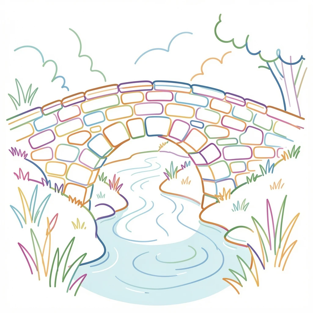 A rustic stone bridge arching over a quiet countryside stream.