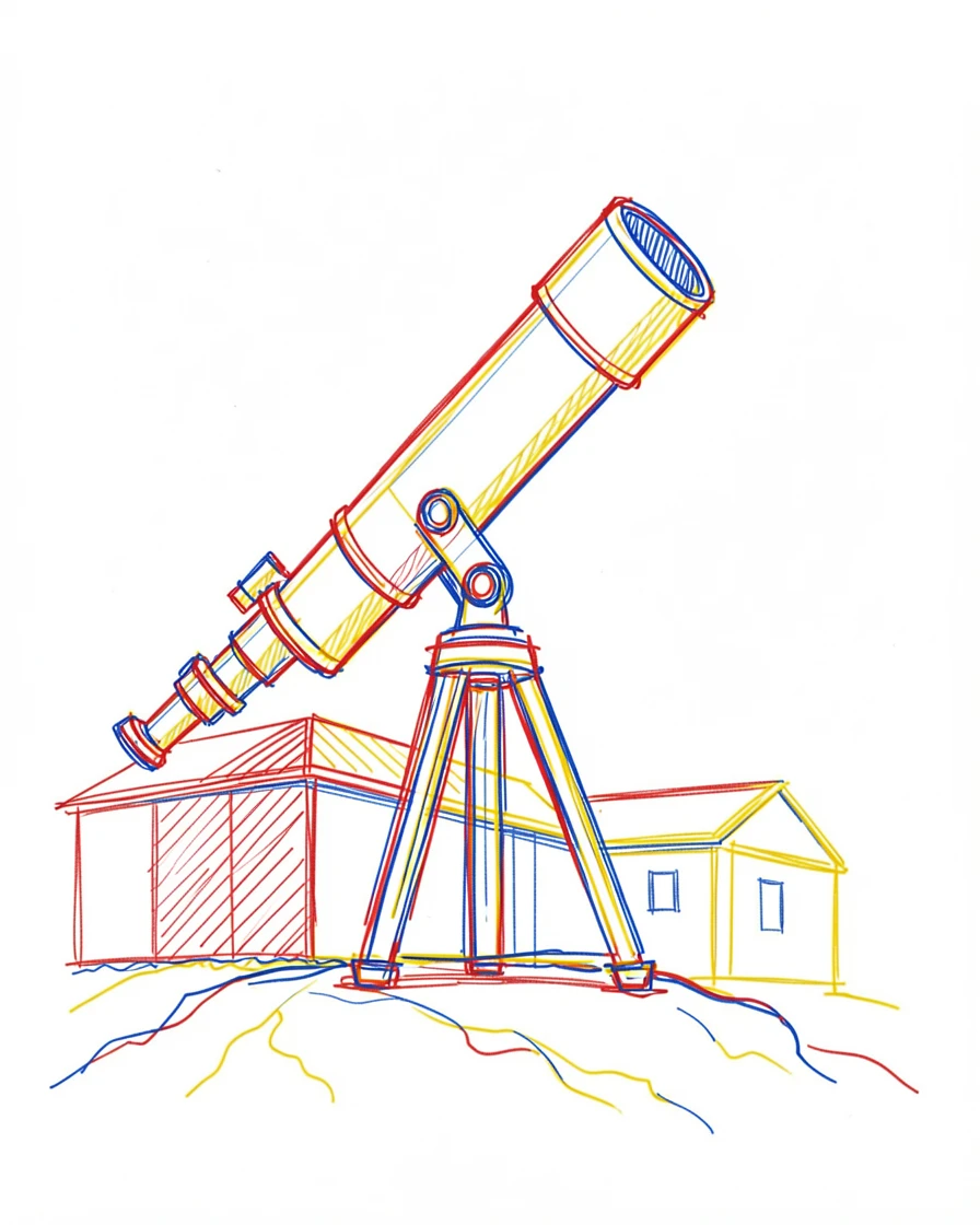 A telescope pointed skyward atop a mountain observatory at night