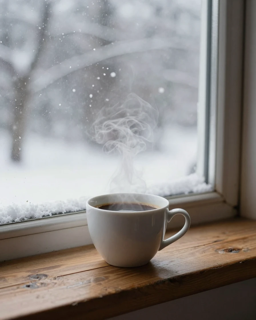 A cup of coffee resting on a windowsill overlooking falling snow