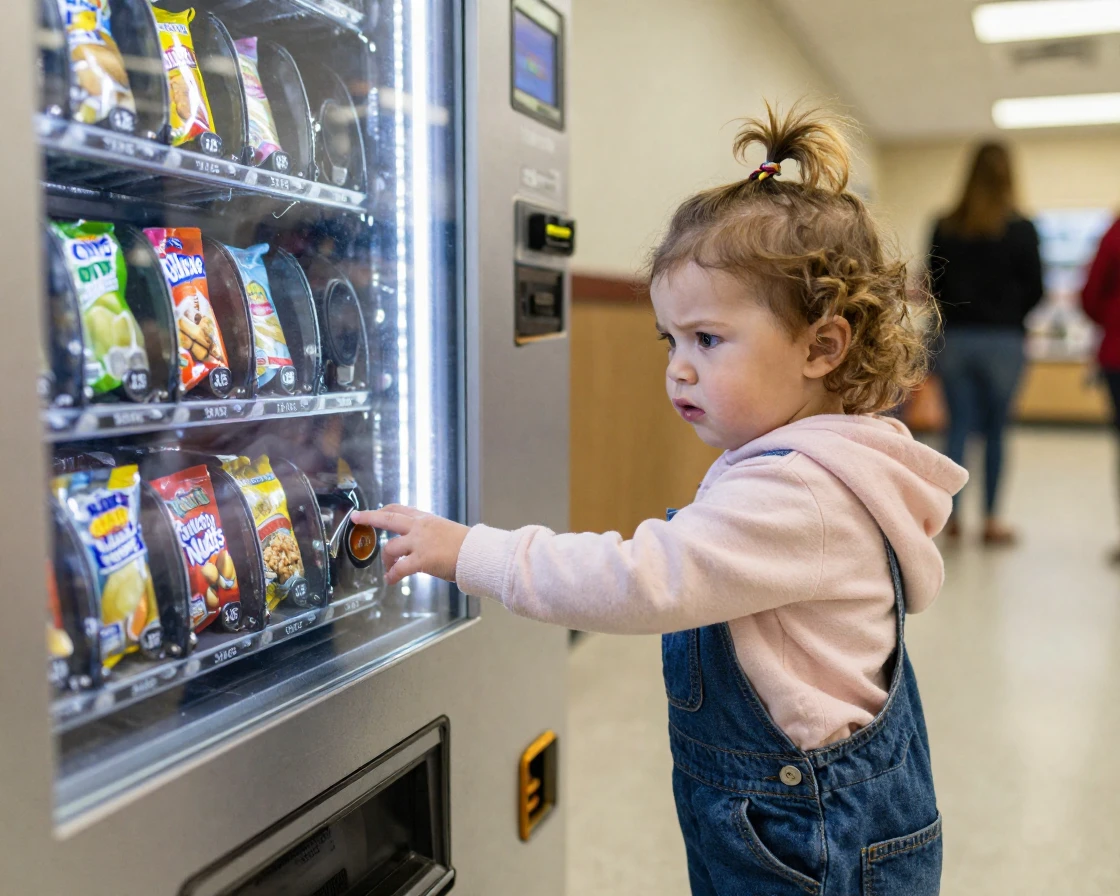 A toddler negotiates seriously with a vending machine that just ate her coin.