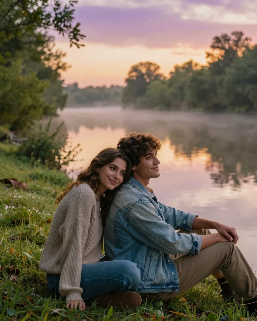 Best friends leaning on each other's shoulders along a quiet riverbank at sunrise, content and unhurried