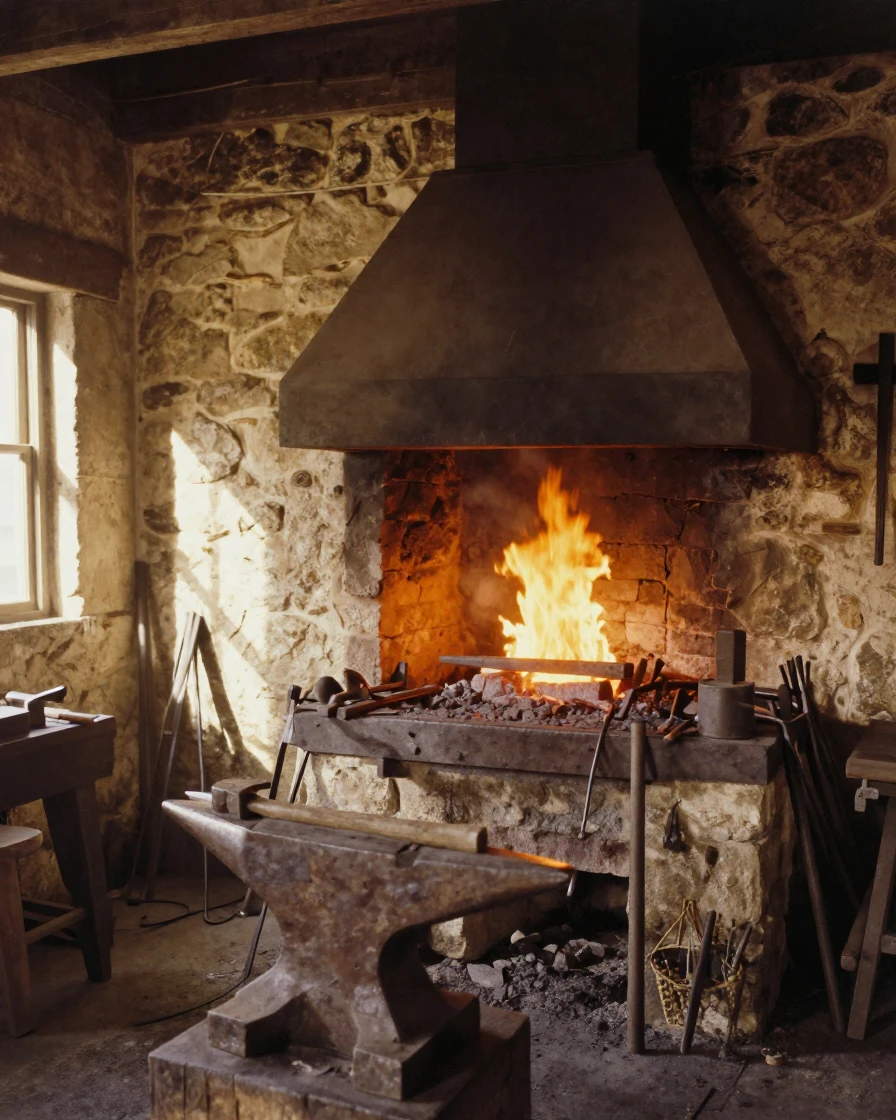 A blacksmith's forge glowing orange in a dim stone workshop, under harsh midday sun, on a clear, cloudless day, as summer fades into fall, in warm honey and cream tones, from a three-quarter angle.