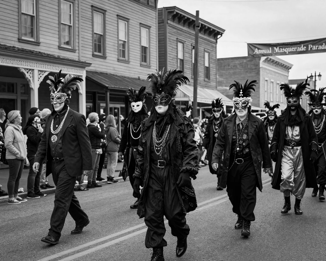 A parade of costumed performers marches through town in vibrant costumes during a traditional masquerade.