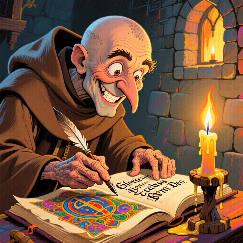 A medieval monk illuminating an elaborate manuscript by candlelight.