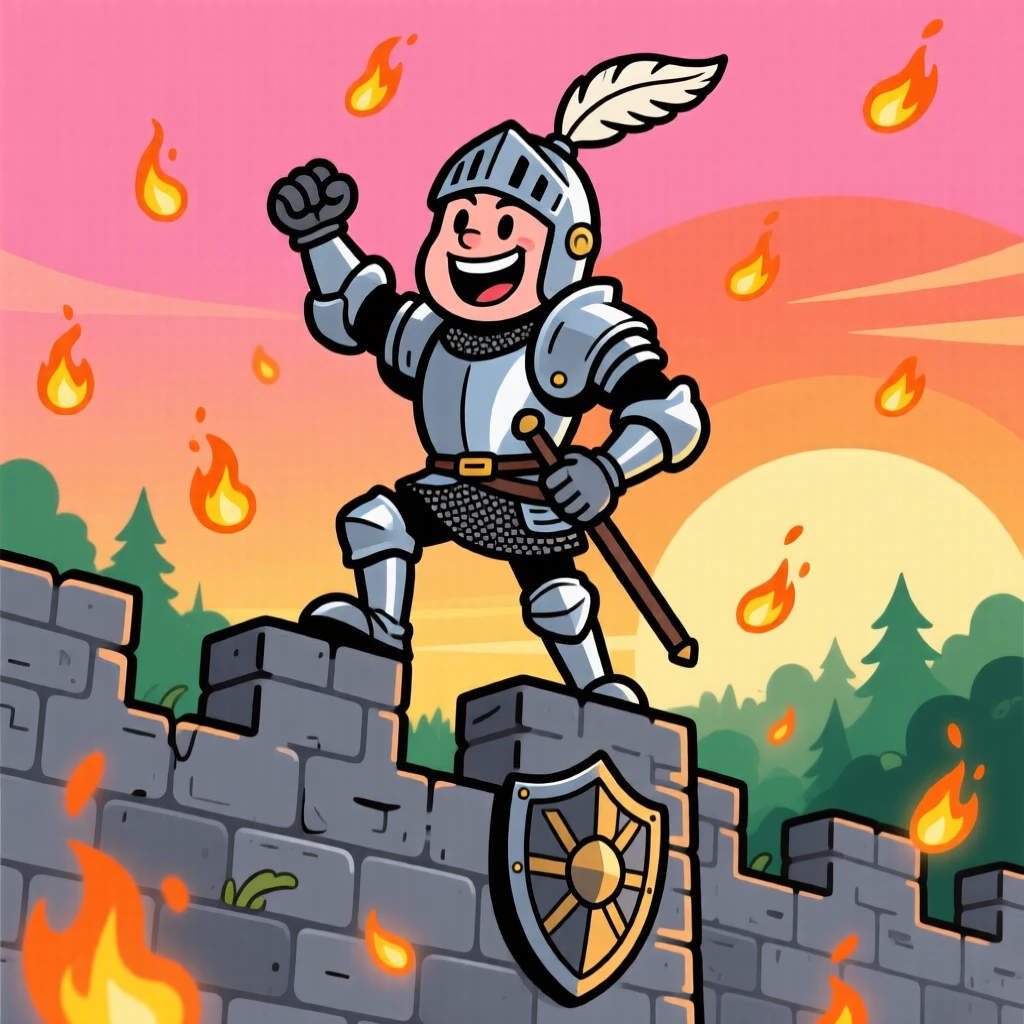 An imaginative fantasy scene of a brave knight standing triumphantly atop a castle wall at sunrise, surrounded by drifting glowing embers.