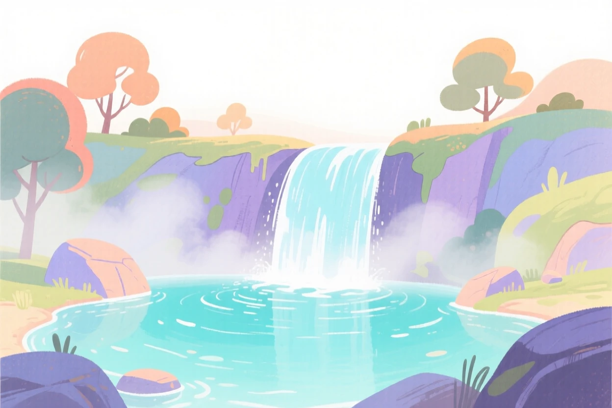 A serene landscape of a tranquil waterfall cascading into a turquoise pool wrapped in gentle mist