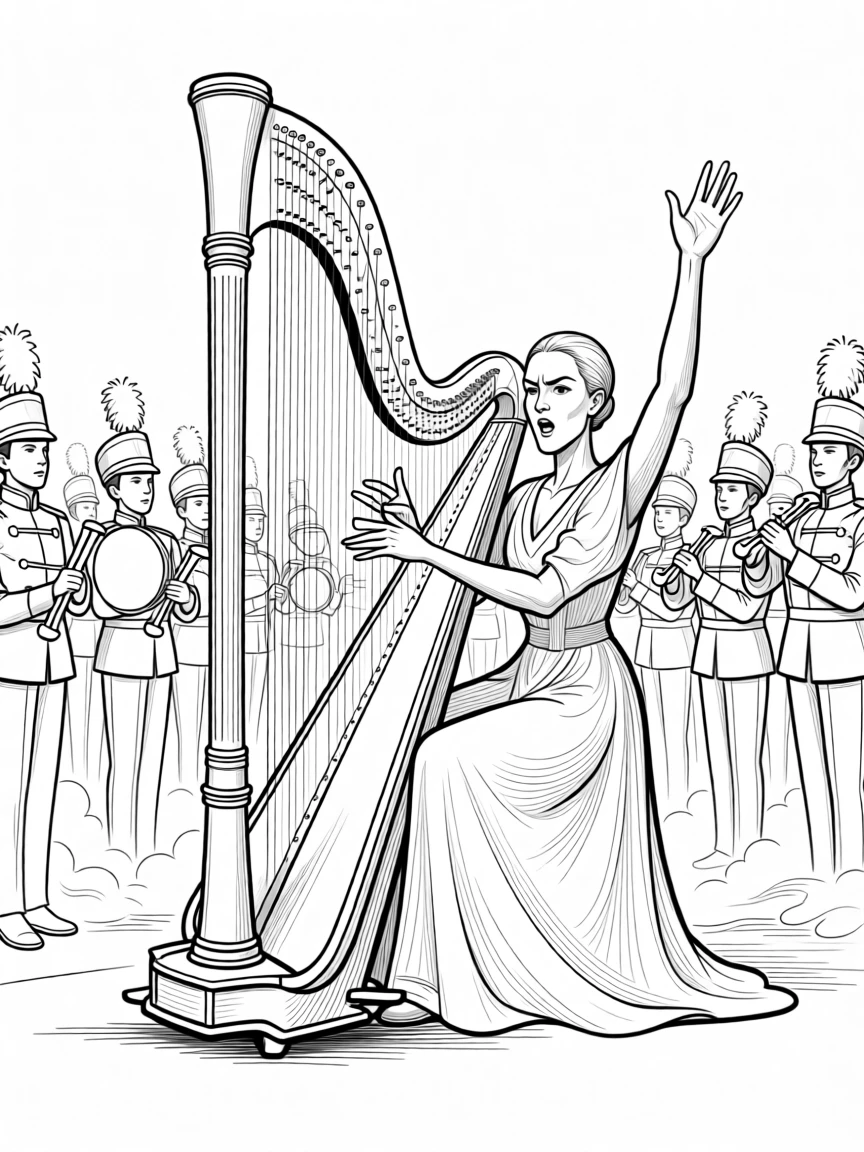A harpist plucking strings with delicate, focused precision, cueing the entire orchestra with an emphatic downbeat, set in the middle of a marching band formation. Stage fog drifts low across the floor. The scene bursts with raw, electric passion for music.