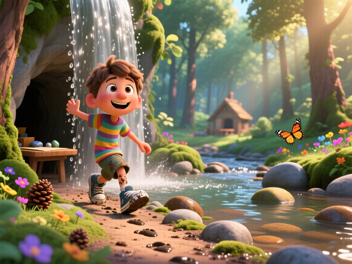 A boy discovering a secret hideout behind a waterfall takes place beside a babbling creek lined with smooth stones, with a trail of muddy footprints leading away. The atmosphere feels fun, spirited, and full of laughter.