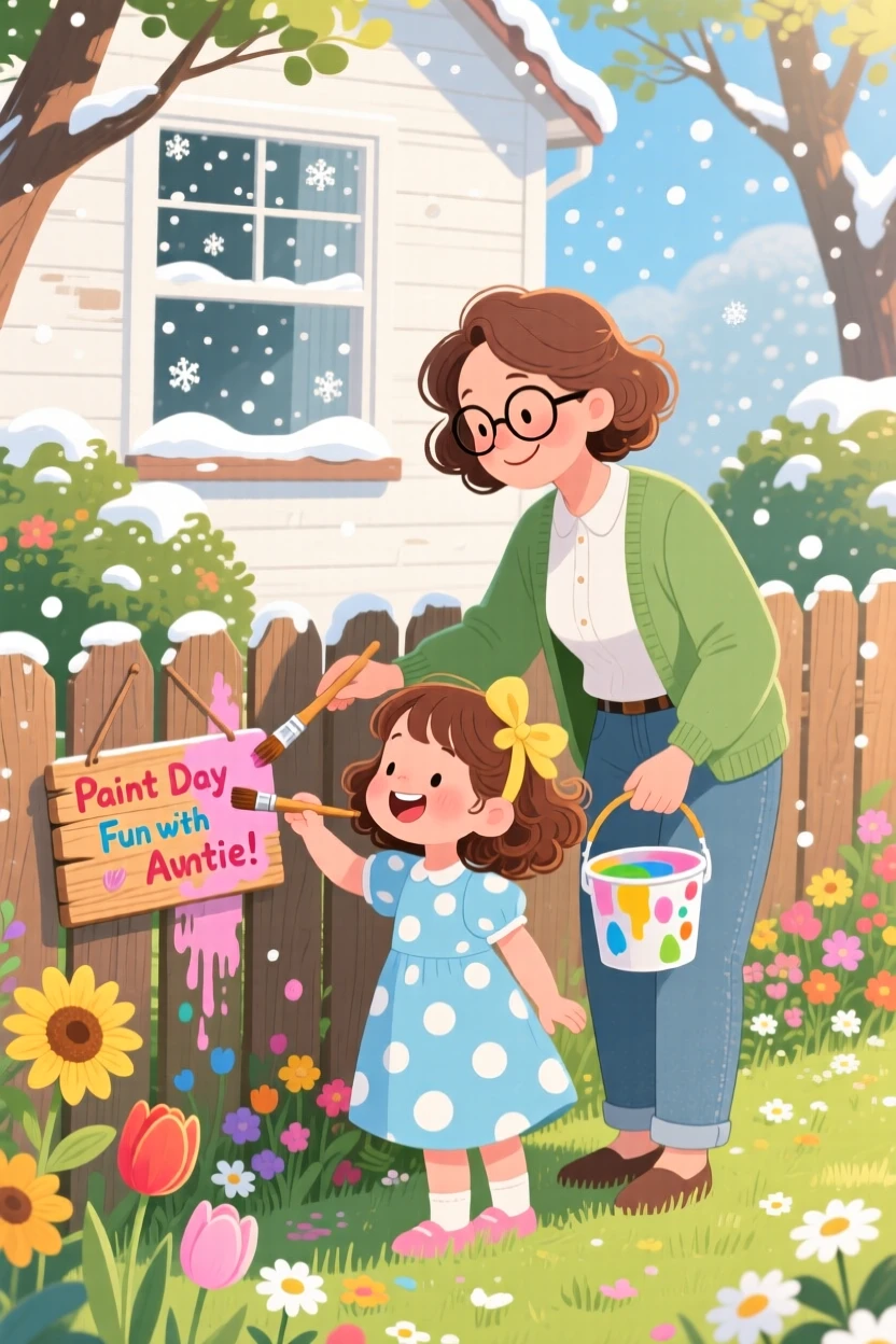 A girl in a polka-dot dress laughs while painting a fence together on a sunny day together with her favorite aunt, while soft snow falls outside.