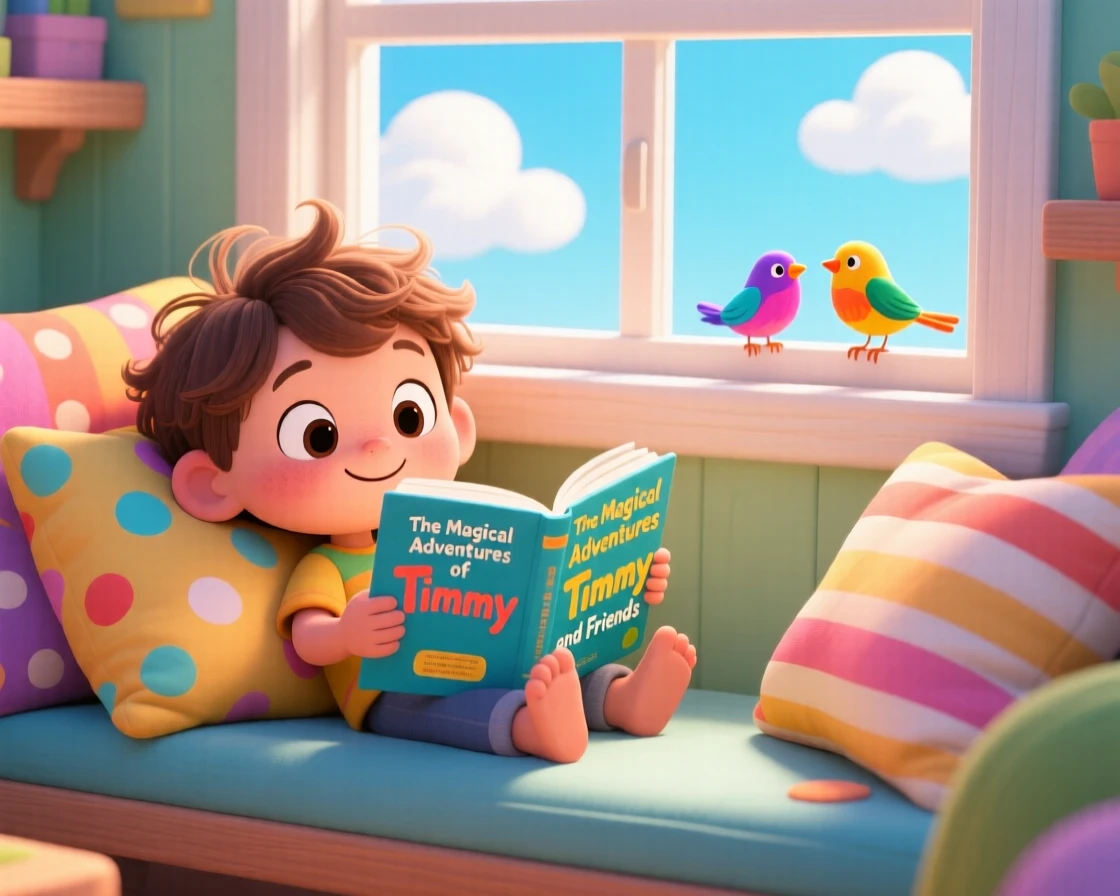 A child curled up in a window seat lost in a favorite book.