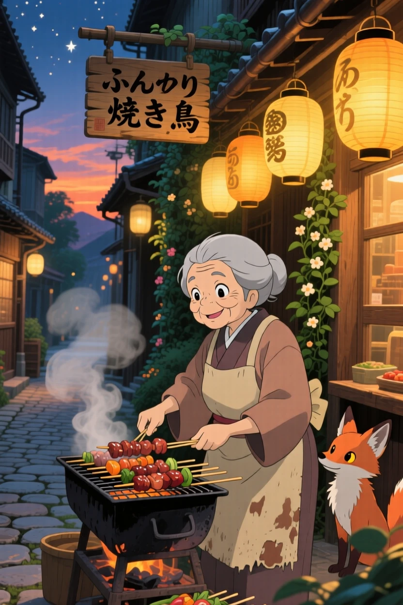 A warm, inviting scene of a street vendor grilling skewers under warm lantern light, with warm golden light filling the room.