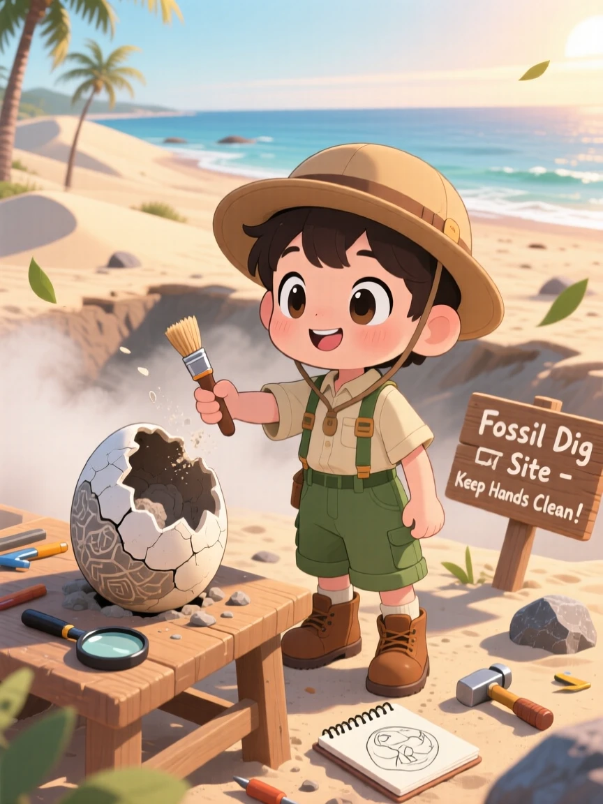 Dynamic diagonal composition: a small child paleontologist, brushing dust off a dinosaur egg fossil, set against a sunny excavation site on a breezy coastal afternoon, with soft pastel light of dawn and a mood of quiet contentment.