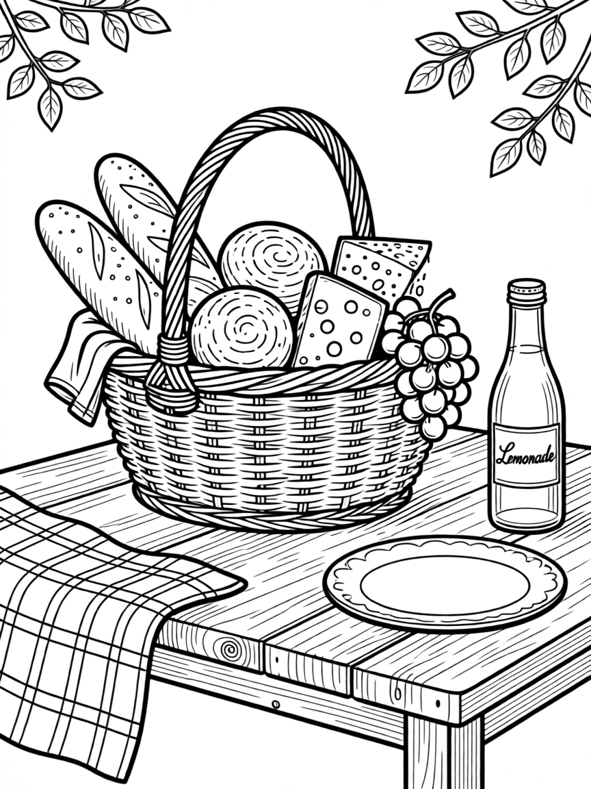A picnic basket overflowing with bread, cheese, and grapes, arranged on a rustic wooden table.