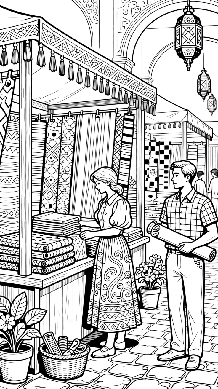 A textile market scene with vivid patterned fabric.