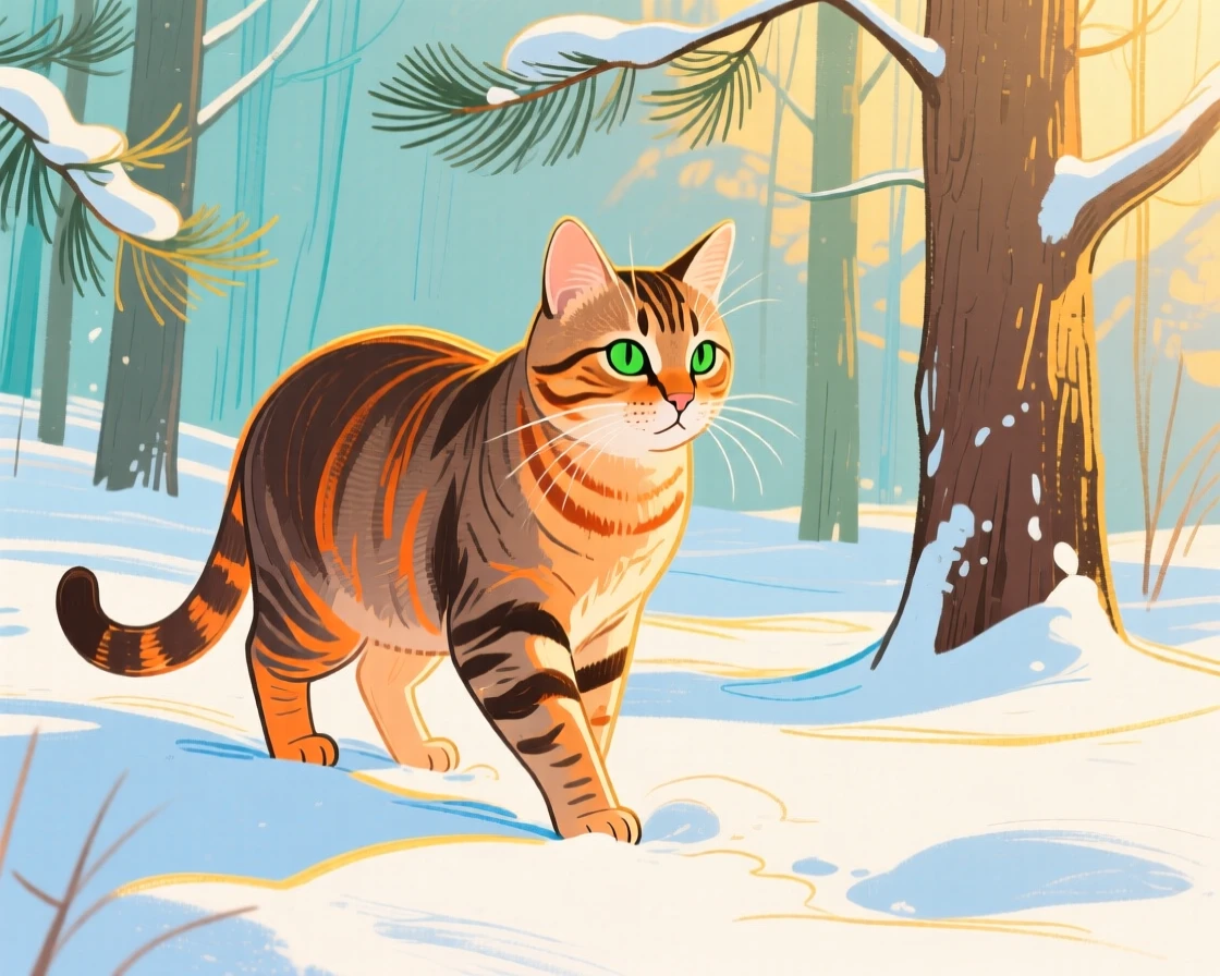 A tabby cat exploring in a snowy pine forest during golden hour.