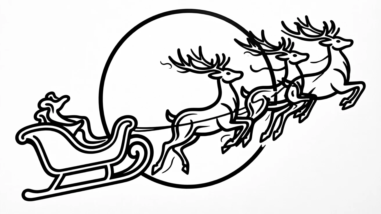 A Christmas Eve scene with a sleigh and reindeer silhouetted against a full moon.