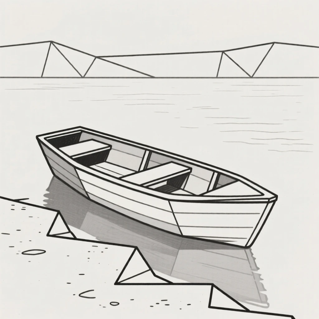A rowboat resting on the shore of a quiet lake