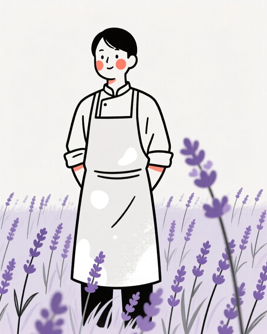 A baker dusted with flour, radiating quiet confidence, in a lavender field.