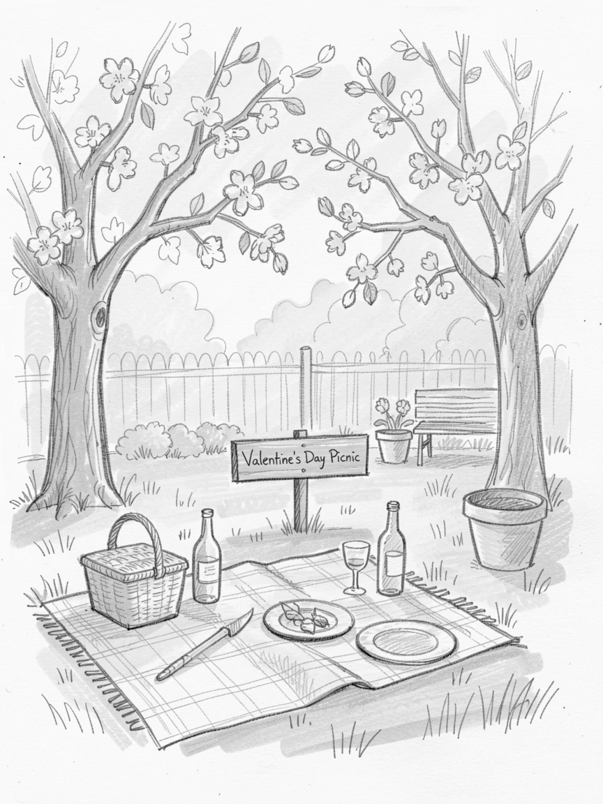 A Valentine's Day picnic under blossoming trees, in a warmly lit backyard, with festive colors filling the frame.