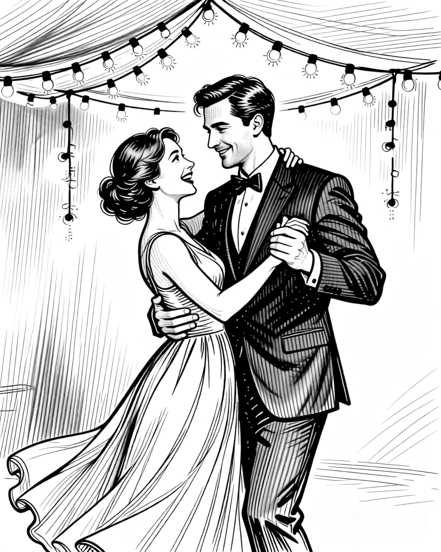 A joyful anniversary celebration with a couple dancing beneath twinkling lights.