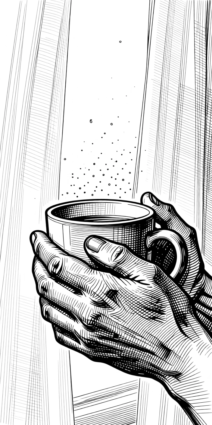A pair of hands cupping a warm mug of coffee as morning light filters through gauzy curtains, with dust motes drifting gently in the light, evoking a deeply peaceful sense of calm.
