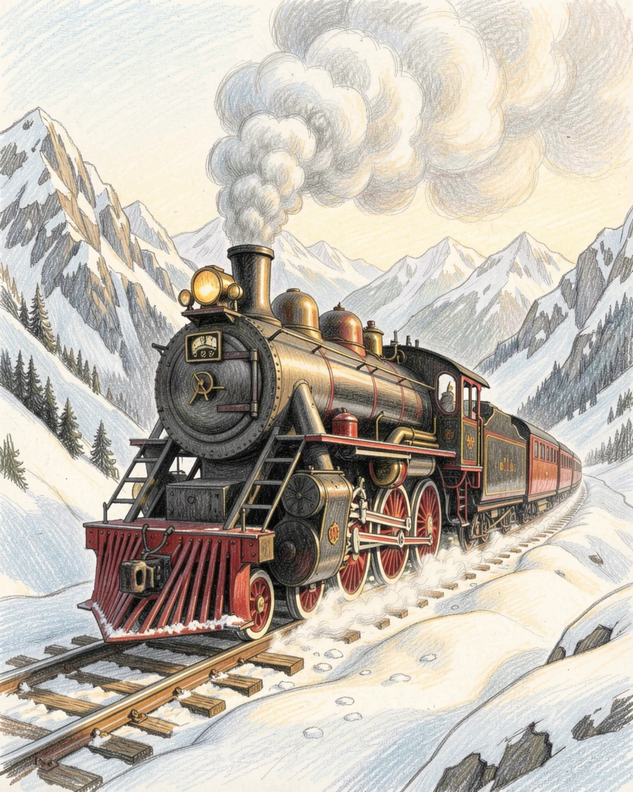 A vintage steam locomotive crossing a snowy mountain pass, with a gentle play of light and shadow across the composition, celebrating a moment people would love to revisit.