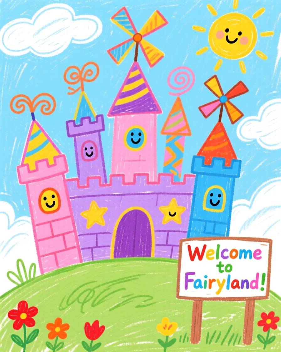 A fairy-tale castle with tall spinning towers.